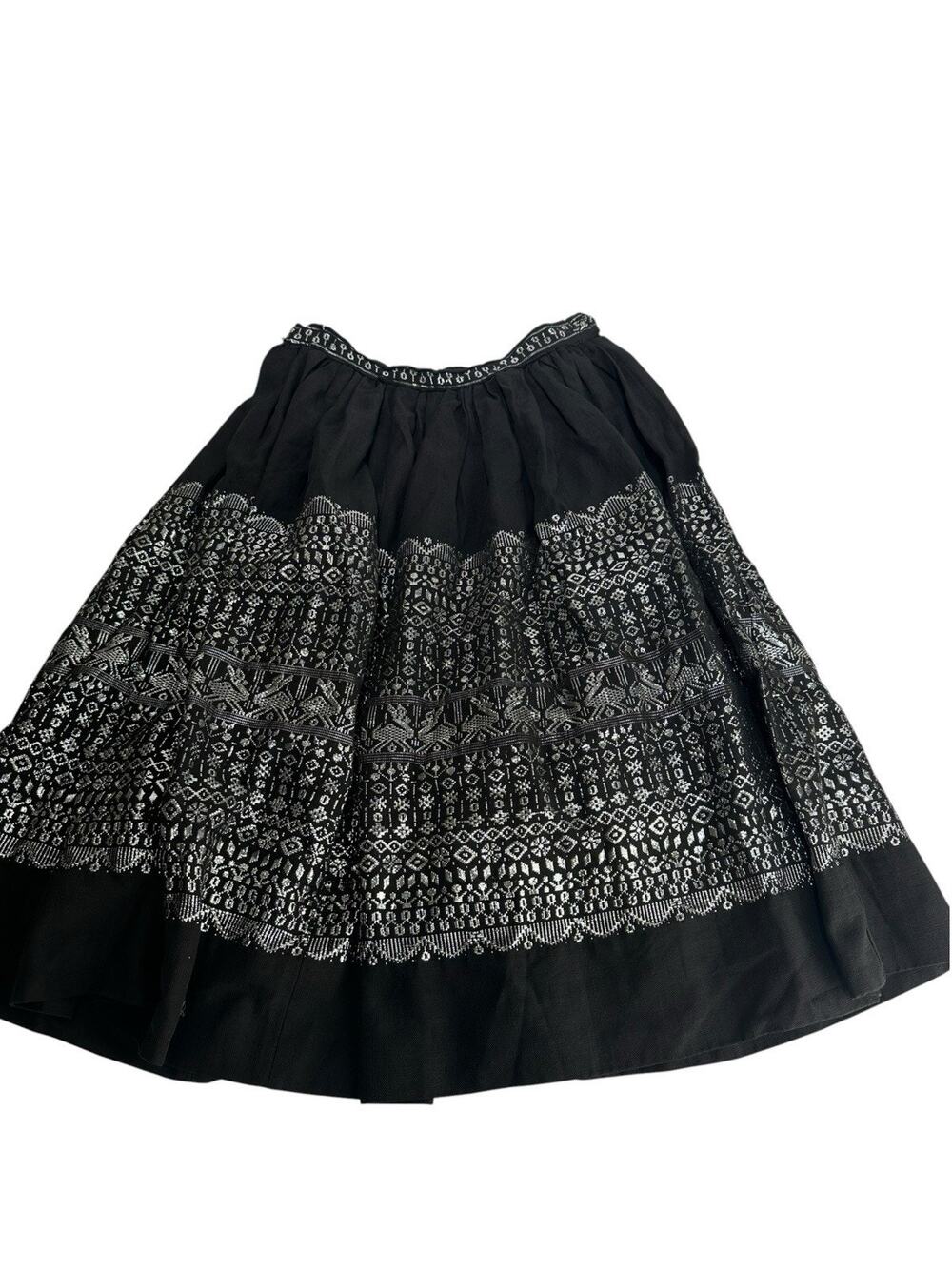 Vintage 1950s Black Silver Metallic Woven Circle Skirt Full Midi Handmade